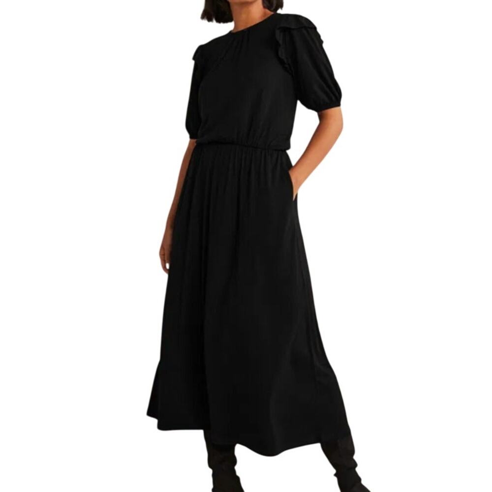 Boden 6 Black Ruffle Jersey Midi Basic Casual Minimalist Boho Office Work Dress